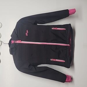 Snozu sz 7/8 kids black w/pink&white long sleeve hooded warm jacket.